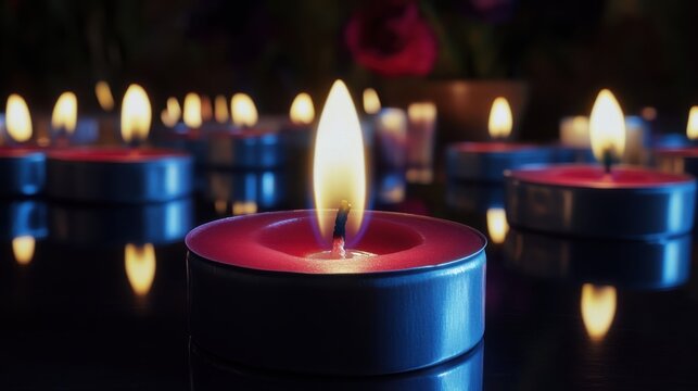 Glowing red tea light candles with flickering flames and reflective surface