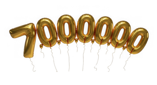 Seven million golden balloon numbers with small balloons isolated on transparent background - Powered by Adobe