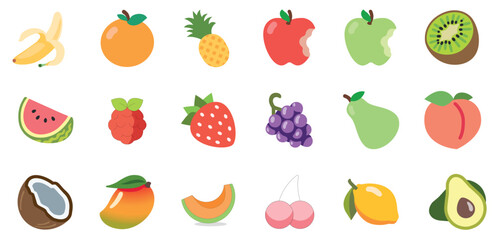 Vibrant Flat Design Fruit and Berry Vector Sticker Set. Healthy Food Icons for Web, App, and Branding.