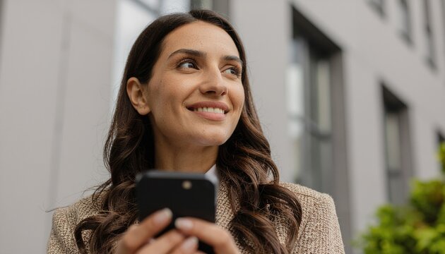 Young latin hispanic business woman using smartphone cellphone financial trading, looking dreaming aside 