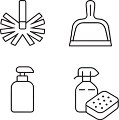 Cleaning Tools  Mop, Dustpan, Spray Bottle, and Sponge  Black and White Vector.eps
