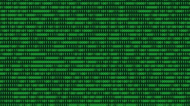 Green matrix raining binary code digital display line.