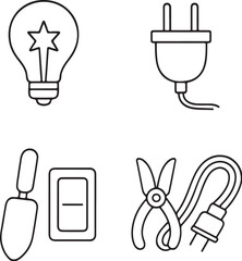 Home Devices  Light Bulb, Plug, Switch, and Extension Cord  Black and White Vector eps