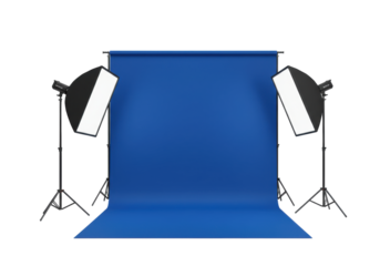 Isolated blue backdrop setup for photography or videography studio lighting equipment