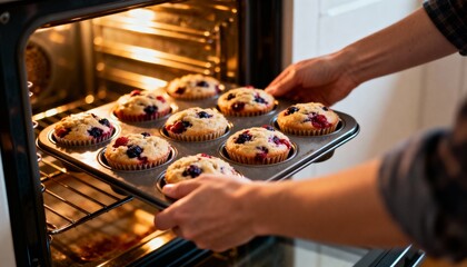A warm kitchen scene of a person taking a tray of golden berry muffins from the oven, symbolizing homemade baking, comfort food, and the satisfaction of creating desserts from scratch.
