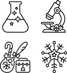 Christmas Laboratory Items Flask, Microscope, Test Tubes, and Snowflake Molecule  Black and White Vector eps