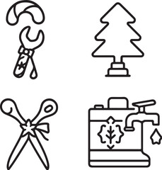 Christmas Plumbing Icons  Candy-Cane Wrench, Tree Pipe, Ribbon Plunger, and Faucet with Star Drop Black and White Vector eps