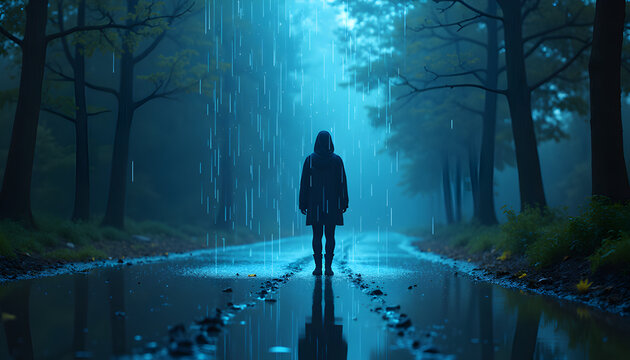 Person under digital rain – used for cyber or emotional storytelling