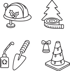 Christmas Construction Items ? Hard Hat, Tape Measure Tree, Candy-Cane Trowel, and Light-Wrapped Traffic Cone ? Black and White Vector.eps