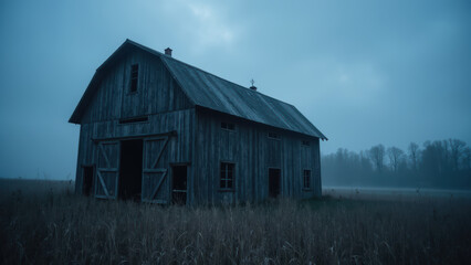 Rustic barn stands in foggy field, surrounded by tall grass and trees in distance, evoking sense of tranquility and mystery