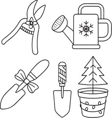 Christmas Gardening Items  Pruning Shears, Watering Can, Hand Shovel, and Pine Pot  Black and White Vector eps