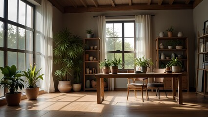 Fototapeta premium Modern wooden furniture in a luxury home living room interior with a large window and wood parquet floor design