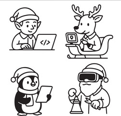 Christmas Tech Roles Elf Coder, Reindeer GPS Fixer, Penguin with Tablet, and Santa with VR Goggles  Black and White Vector eps