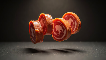 Sliced meat rolls floating in air, showcasing vibrant colors and textures, creating intriguing visual effect