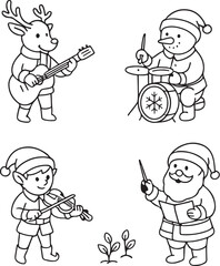 Christmas Band Members Reindeer Guitarist, Snowman Drummer, Elf Violinist, and Santa Conductor Black and White Vector eps