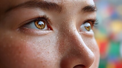Detailed view of a person s face with prominent sweat beads on the skin eyes glistening and locked in intense focus suggesting exertion or heat