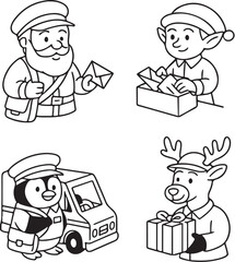Christmas Postal Roles Santa Mail Carrier, Elf Sorting Letters, Penguin Truck Driver, and Reindeer Delivering Gift  Black and White Vector eps