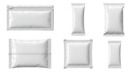 Assortment of Blank White Packaging Pouches Keywords: packaging, pouch, white, blank, empty