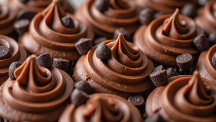 Decadent chocolate cupcakes topped with rich frosting and chocolate chips create delightful treat for dessert lovers