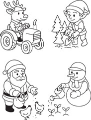 Christmas Farm Icons Reindeer Tractor, Elf Planting Trees, Santa Feeding Chickens, and Snowman Watering Sprouts  Black and White Vector eps