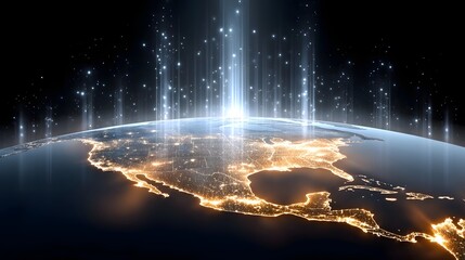 Abstract visualization of the planet Earth from orbit at night with glowing city lights and bright energy beams connecting to the cosmos representing global data and communication networks
