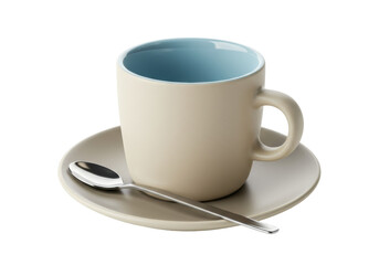 Isolated cup of coffee with saucer and spoon, beige and blue modern tableware, breakfast, drink