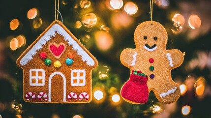 a gingerbread man and gingerbread house ornament hanging on the christmas tree