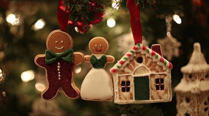a gingerbread man and house ornament hanging on the christmas tree