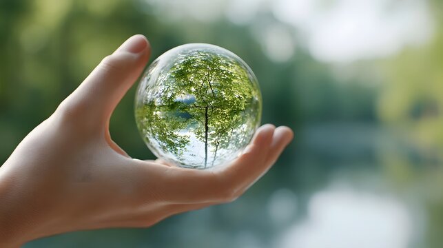 A human hand cradles a transparent sphere perfectly mirroring a lush forest ecosystem with trees and water symbolizing nature s delicate beauty and the importance of its preservation - Powered by Adobe