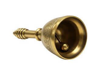 Isolated brass handbell with detailed engravings, decorative handle and clapper, elegant