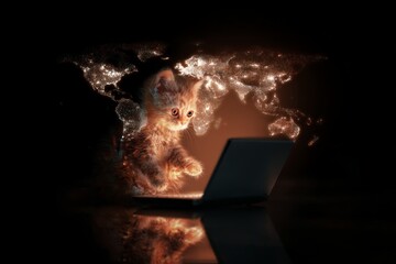 Mystery night: kitten's human pose and fright. Cat laptop. Technology-driven globalization shapes how people connect across the globe. Nightly kitten. High-speed network.