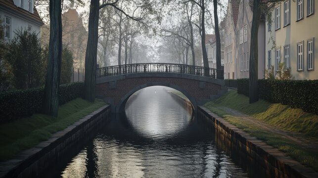 Misty morning canal bridge scene in a european town