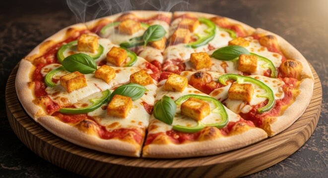 Pizza with Paneer Cubes and Green Peppers Vegetarian