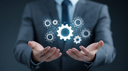 Mão de executivo sustenta engrenagens tecnológicas conectadas, representando processos automatizados, inovação empresarial e eficiência estratégica em ambientes modernos