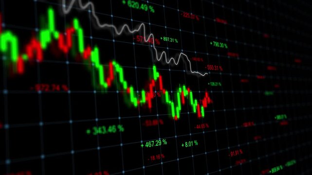 Candle stick graph chart economics decline financial graph with moving averages down trend.