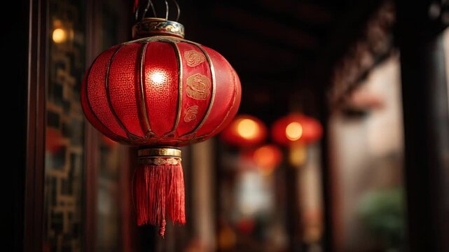 Red Chinese lantern hanging in traditional setting with warm lighting  