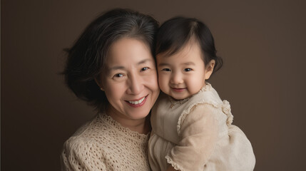 Grandmother with child. Asian woman holding smiling baby girl with joyful expression indoors  