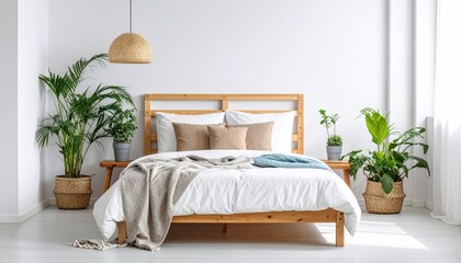 wooden bed with bedding, pillows and blanket against white wall in a bright sunny bedroom interior. Two green plants standing beside 