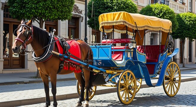 Vibrantly colored horse-drawn tourist carriage with a yellow canopy parked in a picturesque European town square.