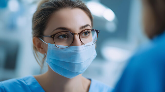 Female healthcare worker wearing glasses and face mask in clinic   - Powered by Adobe