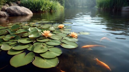 A peaceful pond scene filled with blooming water lilies lush lily pads and vibrant orange goldfish swimming in clear sunlit water
