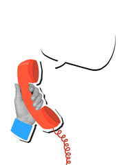 Black and white hand holding a vintage telephone receiver with a blank speech bubble. Modern photo collage style. Illustration on a transparent background