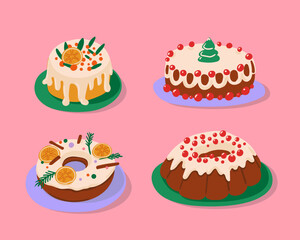Christmas bakery illustration. Joyful cake decorated with berries and orange in vector.