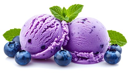 Two scoops of vibrant, purple ice cream with visible fruit pieces, garnished with fresh mint sprigs and blueberries