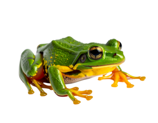 Vibrant green amphibian with bright yellow markings