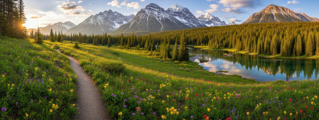 A serene mountain landscape with a winding path leading through a meadow of wildflowers and a tranquil lake, with snow-capped mountains in the background and a golden sun setting in the distance.