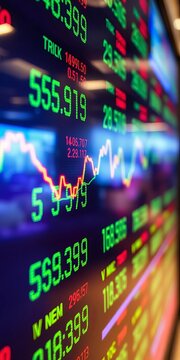 Close-up of stock ticker symbols on a digital screen, representing investment and trading, stock market,  trading