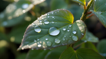 Fresh green leaf illustration adorned with glistening water droplets reflecting warm morning sunlight