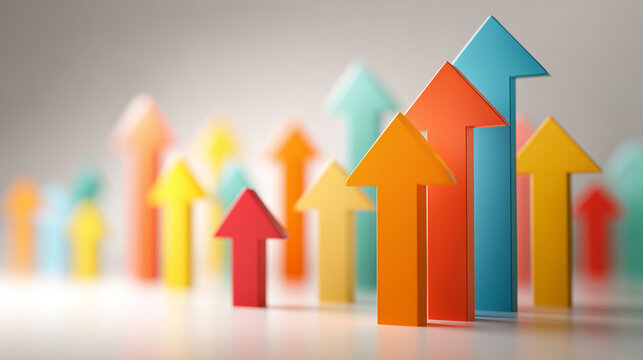 Multiple upward arrows representing business growth, success, competition, market performance and strategic progress in modern economic development concept