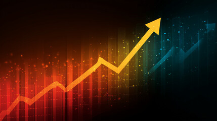 gráfico em linha com seta amarela apontando para cima sobre fundo tecnológico escuro, conceito de crescimento financeiro, sucesso, alta de mercado e negócios